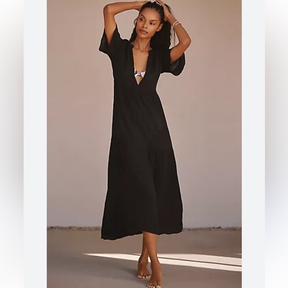 Tiare Hawaii Deep V Short Sleeve Black Maxi Dress sz OS